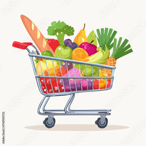 A grocery cart filled with vibrant fresh produce on one side and sugary treats on the other.