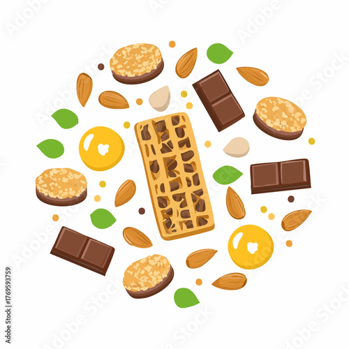 A granola bar surrounded by nuts and seeds placed beside sugary biscuits and chocolate.