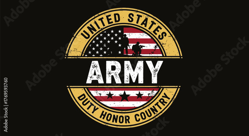 United states army emblem with soldiers and american flag on black