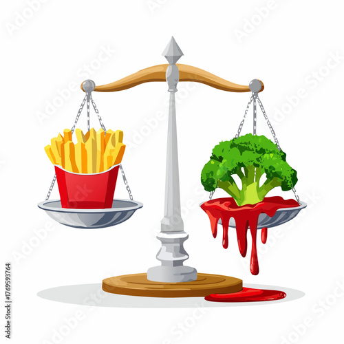 A set of scales tipped with colorful steamed broccoli against greasy fries and ketchup.