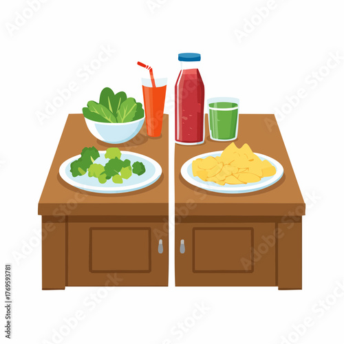 A dining table split into two halves: one with clean veggies, the other with chips and soda.