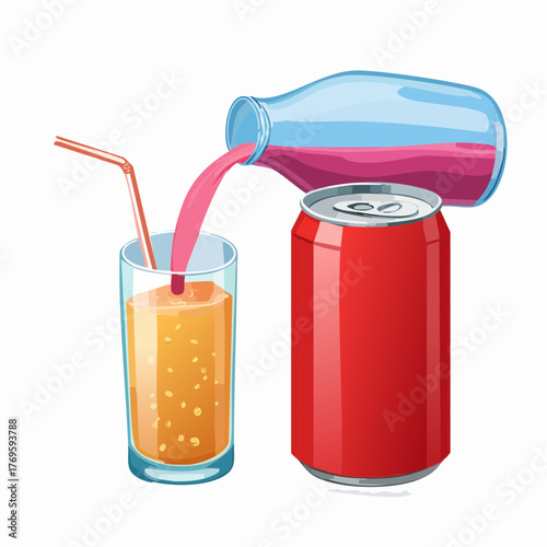 A refreshing smoothie pouring from a jug on one side against a can of soda fizzing brightly.