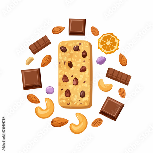 A granola bar surrounded by nuts and seeds placed beside sugary biscuits and chocolate.