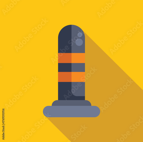 Minimalist vector illustration featuring a traffic bollard with orange and black stripes on a yellow background, casting a long shadow