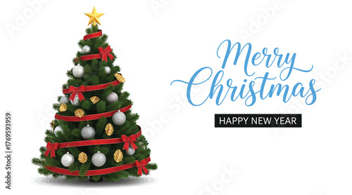 A festive christmas tree adorned with red ribbons, gold star, and ornaments, accompanied by the cheerful greetings of merry christmas and happy new year