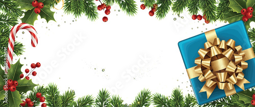 Christmas frame with fir tree branches, holly leaves, berries, candy cane and gift box christmas frame design template for promotion and advertising