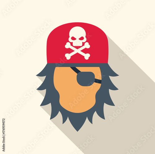 Flat design icon of a pirate with bandana, skull and crossbones, long hair and eye patch