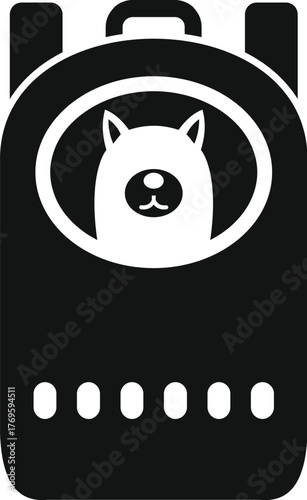 Simple black vector icon of a dog carrying backpack with a round window, perfect for pet owners traveling with their furry friends