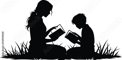 Silhouette of woman and child reading books together outdoors — family education, learning, and bonding concept on white background