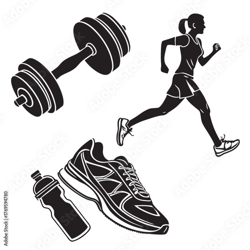 Silhouette of a woman running a dumbbell a running shoe and a water bottle representing fitness and exercise