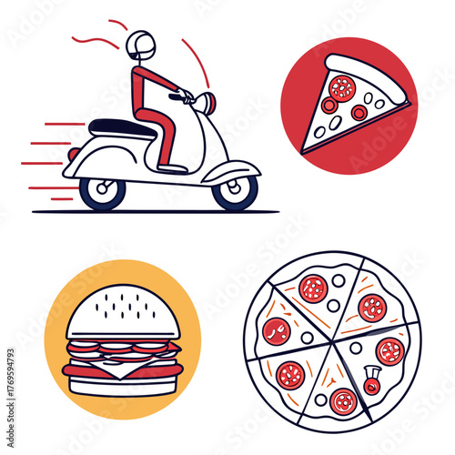 Fast food delivery service illustration with a person riding a scooter delivering pizza and a burger