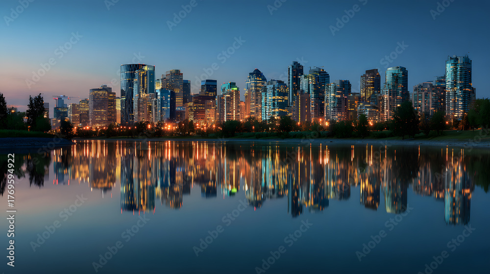Obraz premium City skyline reflecting in a calm river at dusk