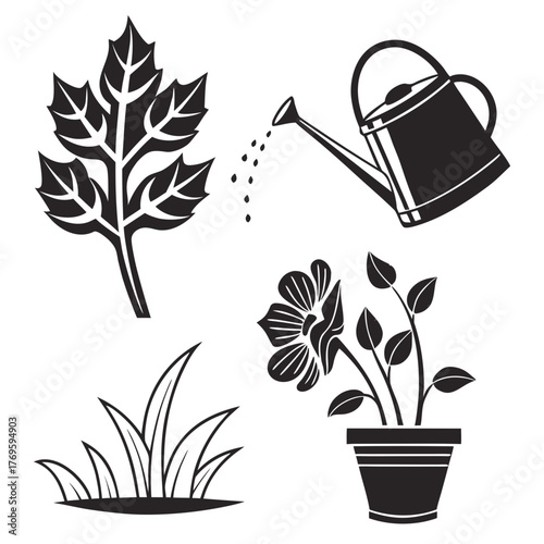 Black and white graphic illustration of gardening elements including a watering can potted flower leaf and grass