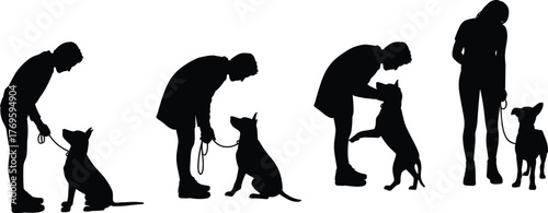 Silhouette of woman training dog with leash, obedience practice, pet care, communication, love, bonding, friendship, outdoor animal training scene