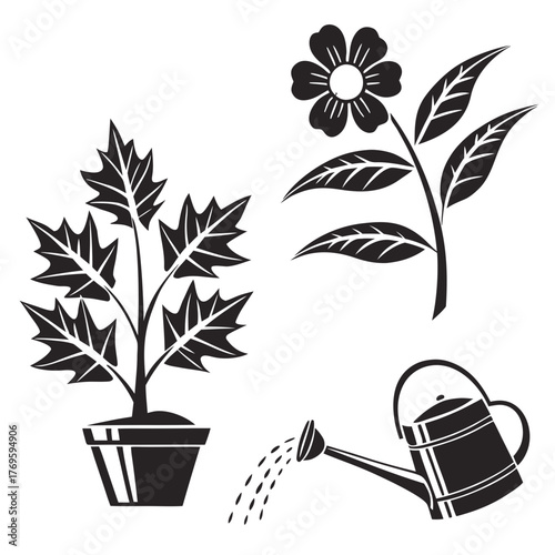 Black and white silhouette illustration of a potted plant a blooming flower and a watering can pouring water