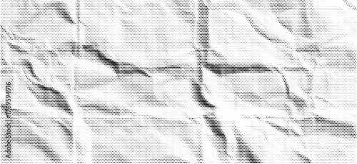 Halftone checkered wrinkled page texture. Dotted folds and creases give gritty grunge feeling. Vintage black print pattern for punk collage or retro art overlay.