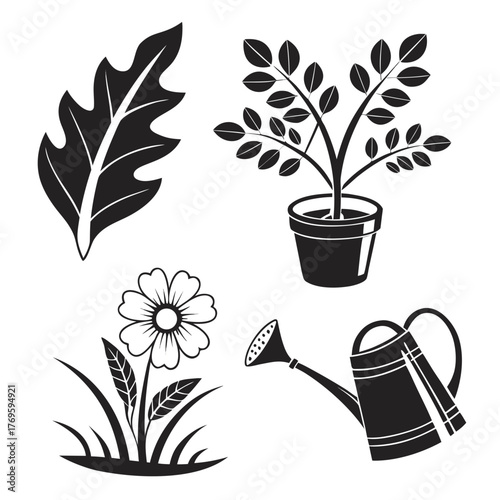 Collection of silhouette icons representing gardening elements including a potted plant flower leaf and watering can