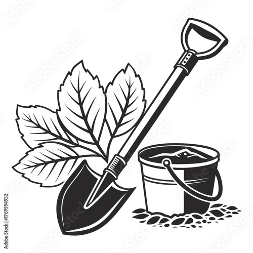 Black and white illustration of a garden shovel a bucket of soil and plant leaves symbolizing gardening and outdoor activities