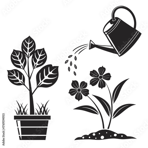 Black silhouette of a potted plant and flowers being watered by a watering can on a white background