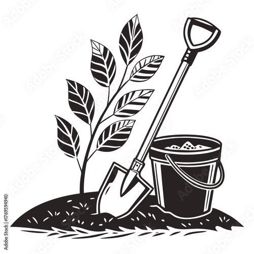 Illustration of a young plant being planted with a shovel and bucket of soil in a garden setting