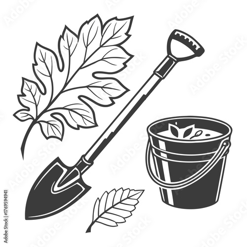 Stylized illustration of gardening tools including a shovel bucket filled with soil and leaves and autumn leaves on a white background