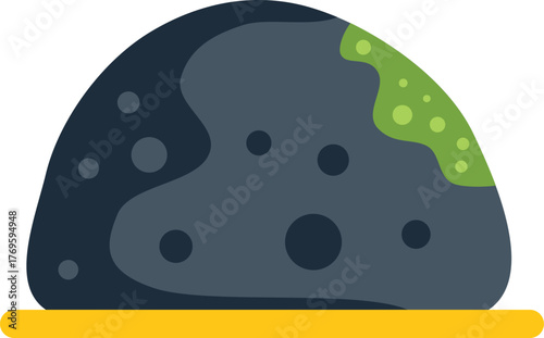 Dark gray meteorite with green mold partially covering it, resting on a simple yellow surface