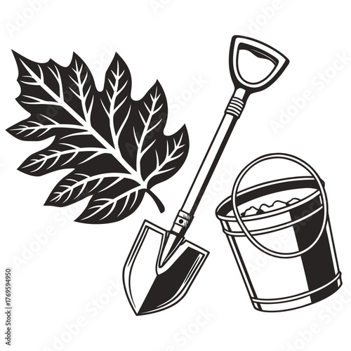 Black and white illustration of a shovel a bucket filled with soil and a large autumn leaf on a white background