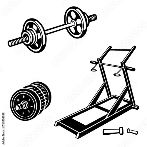 Collection of black and white vector illustrations of gym equipment including a barbell ab roller treadmill and jump rope handles