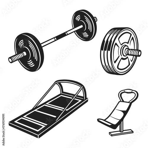Collection of stylized black and white illustrations of gym equipment including a barbell weight plate ab roller and weight bench