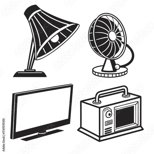 A collection of four black and white illustrations of common household appliances and electronics including a desk lamp fan television and microwave