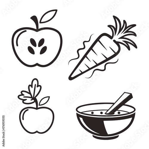 Simple black and white line art icons of a halved apple a whole apple with leaves a carrot and a bowl of soup with a spoon