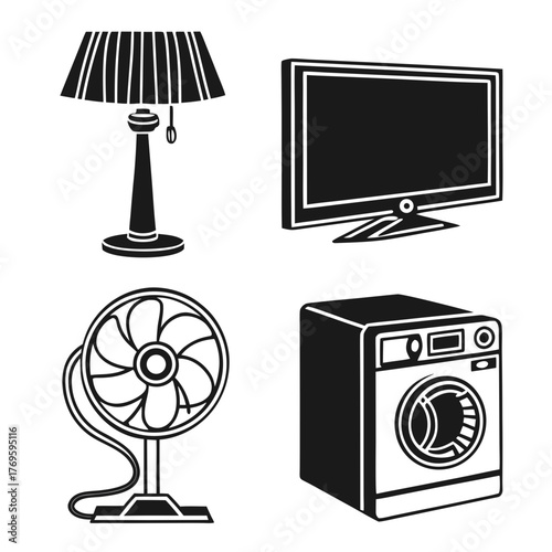 Set of four black and white silhouette icons representing household appliances and electronics for home use