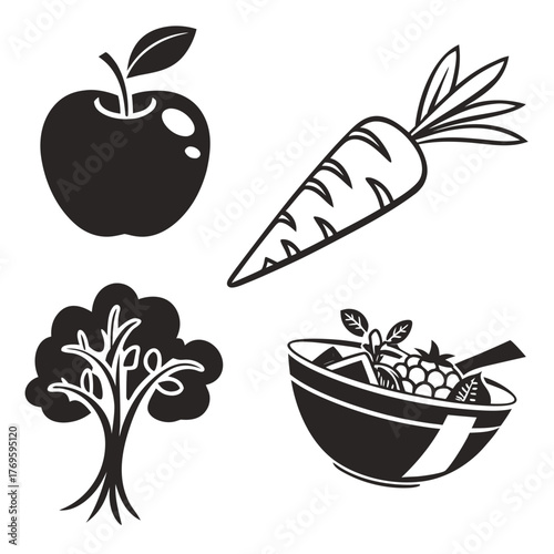 Simple black and white icons representing a healthy lifestyle with an apple carrot tree and bowl of fruit on a white background