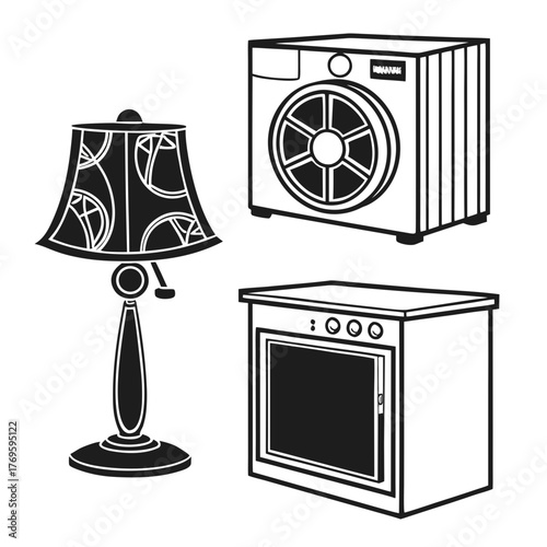 Black and white line art illustration of a vintage table lamp an air conditioner unit and a modern oven