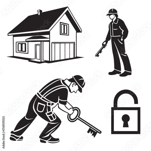 Stylized black and white illustration of a house with two workers holding keys and a padlock symbolizing security and access