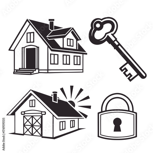 Collection of stylized black and white icons representing home security real estate and property ownership concepts