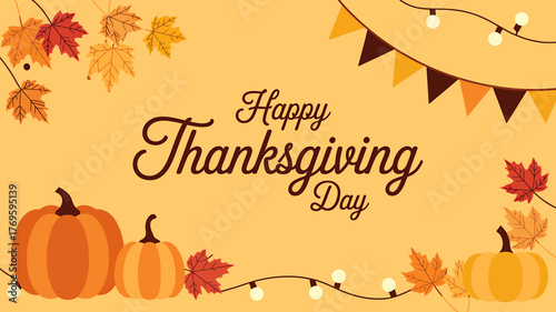 Festive Thanksgiving Day Illustration with Pumpkins Leaves and Garland Lights Ideal for Autumn Greetings and Holiday Celebrations
