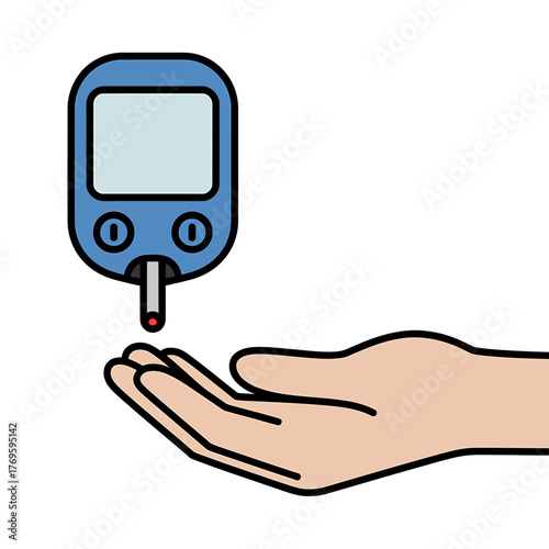 Checking Blood Sugar with Glucometer Finger Prick Blood Test for Diabetes Monitoring and Healthcare Illustration