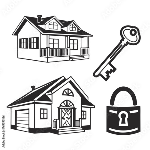 Two different house icons with a key and a padlock symbolizing home security and real estate concepts