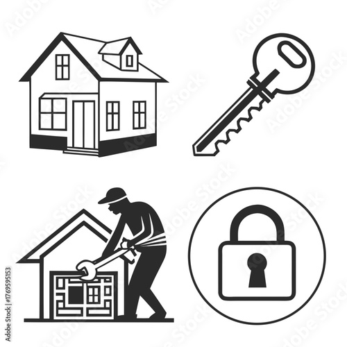 Set of four icons representing home security locksmith services house key and a padlock for protection