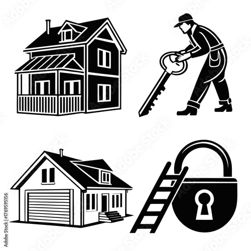 Collection of stylized black and white icons representing real estate concepts like houses keys security and home ownership