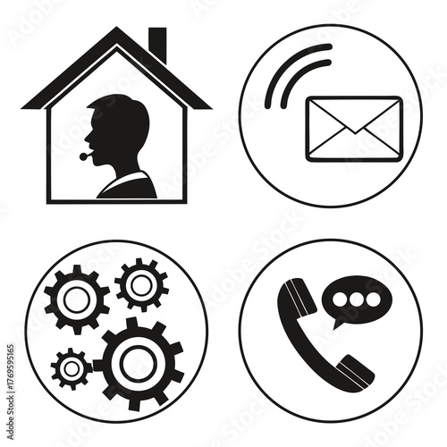 Set of four black and white icons representing remote work communication and business operations