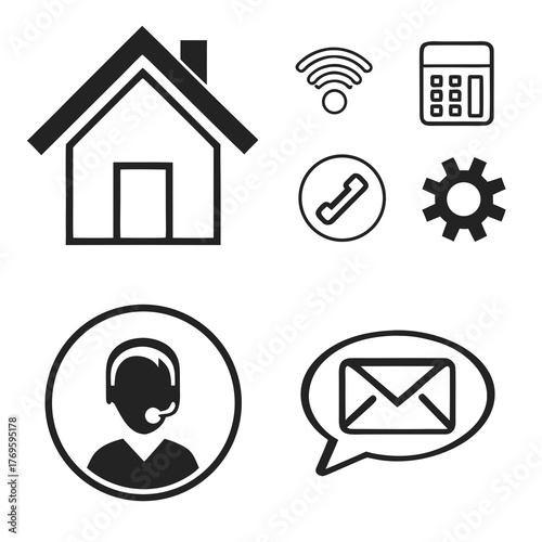 Collection of simple black and white icons representing home wi fi calculator phone settings customer support and email communication