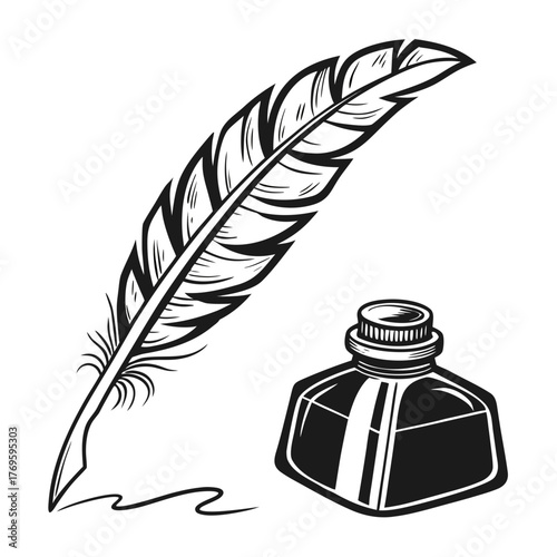 Classic black and white illustration of a quill pen with a bottle of ink and a wavy ink line on a white background