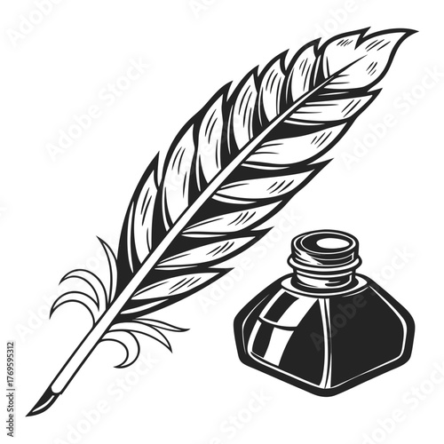 Vintage quill pen and inkwell illustration isolated on white background for writing and poetry concepts