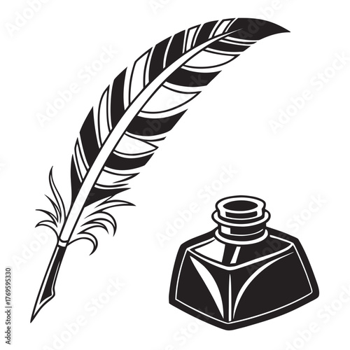 Classic black and white illustration of a quill pen and an inkwell on a white background