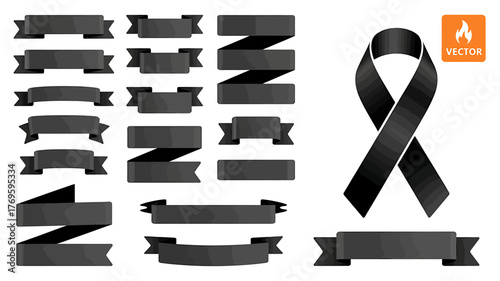 Black Ribbon Banner Collection for Memorial Day and Mourning Symbolism Flat Design Vector Illustration with Elegant Isolated Elements