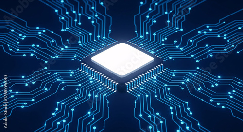 Computer processor chip (CPU) on a glowing blue circuit board.
