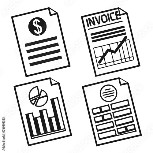 Set of four stylized black and white document icons representing financial reports invoices and charts