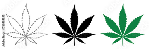 Cannabis Leaf Illustration in Outline Black and Green Vector Graphic Isolated on White Background Medical Marijuana Concept